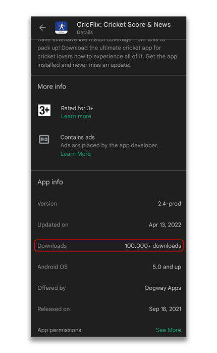 CricFlix app - Number of downloads Showing the number of downloads for the CricFlix app