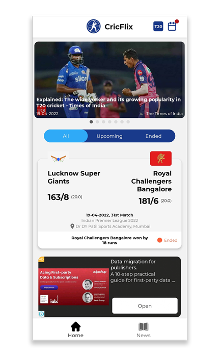 CricFlix app home screen The CricFlix app home screen